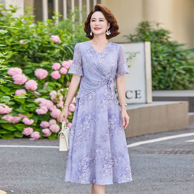 13627089.珍真羊 妈妈装夏季印花短袖连衣裙时尚宽松减龄裙子女