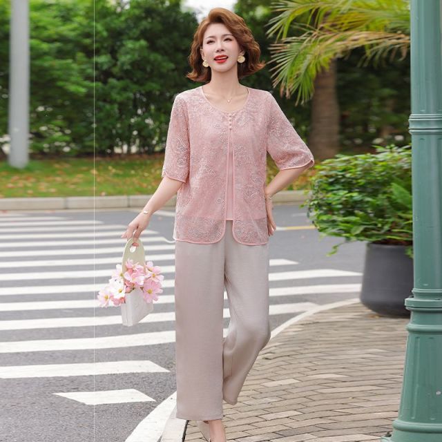 13630213.珍真羊 妈妈装夏季薄款短袖套装洋气宽松两件套女