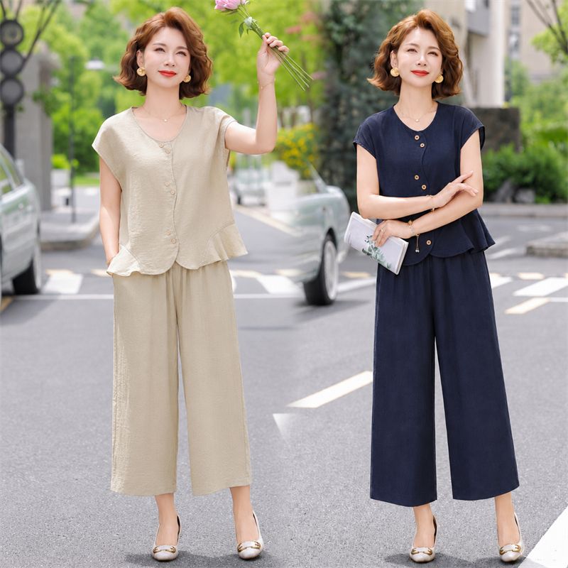 13629796.珍真羊 妈妈装夏季短袖套装设计感减龄两件套女