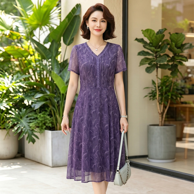 13633324.珍真羊 妈妈装夏季印花薄款连衣裙时尚短袖裙子女