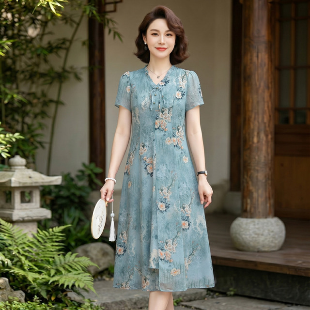 13637963.珍真羊 妈妈装夏季短袖连衣裙国风印花裙子女
