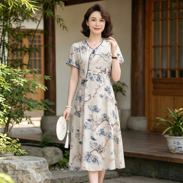 13638128.珍真羊 妈妈装夏季短袖连衣裙新中式国风旗袍裙女
