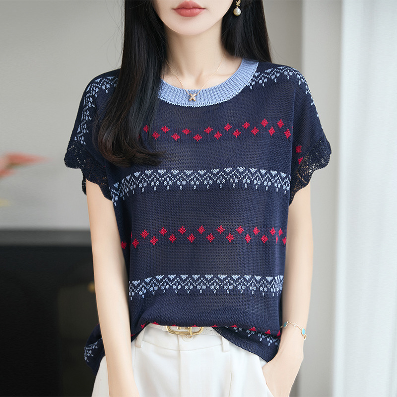 13657741.珍真羊 夏季薄款短袖针织T恤天丝亚麻上衣女