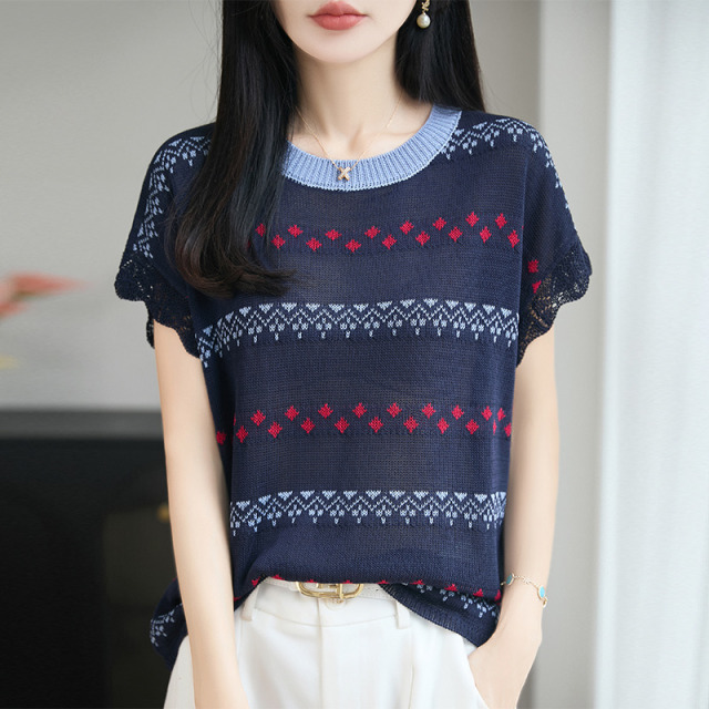 13657741.珍真羊 夏季薄款短袖针织T恤天丝亚麻上衣女