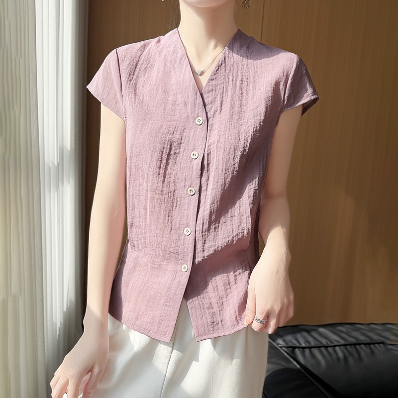 13656128.珍真羊 夏季V领短袖开衫T恤时尚修身薄款外搭女