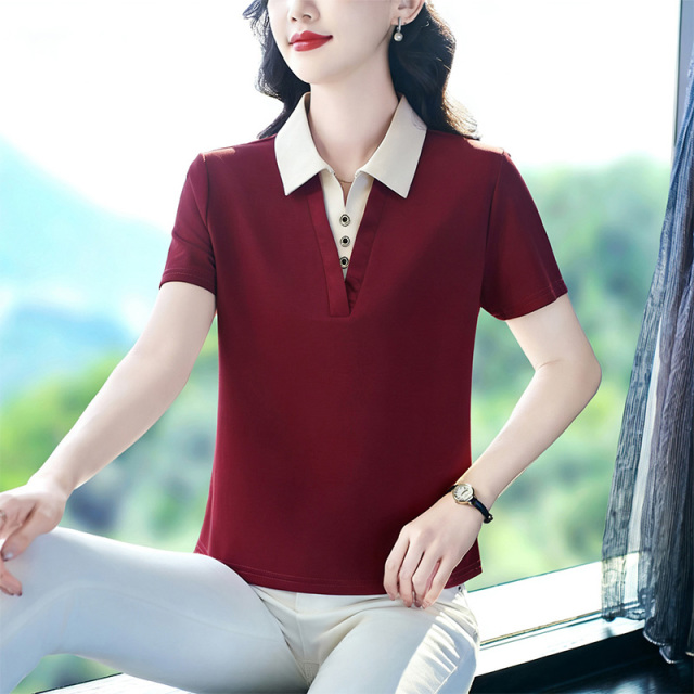 13658624.珍真羊 夏季翻领假两件T恤时尚短袖运动休闲上衣女