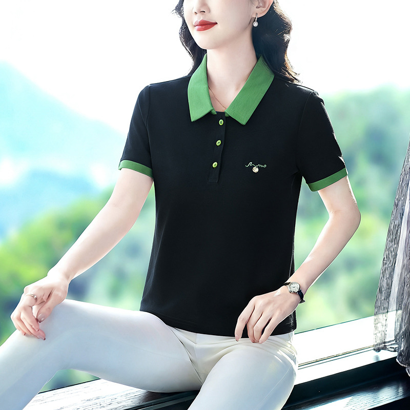 13661919.珍真羊 夏季翻领短袖T恤洋气撞色休闲上衣女