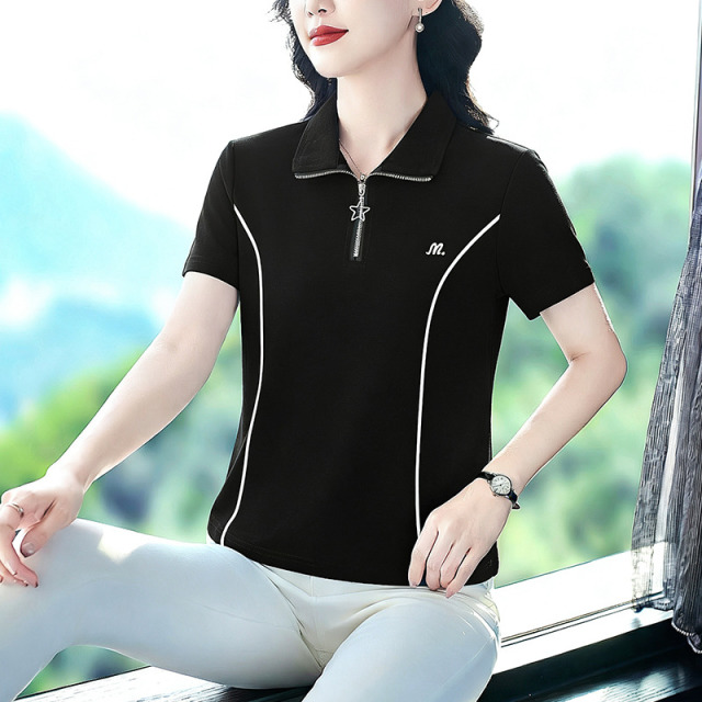 13663185.珍真羊 夏季半拉链短袖T恤运动休闲上衣女