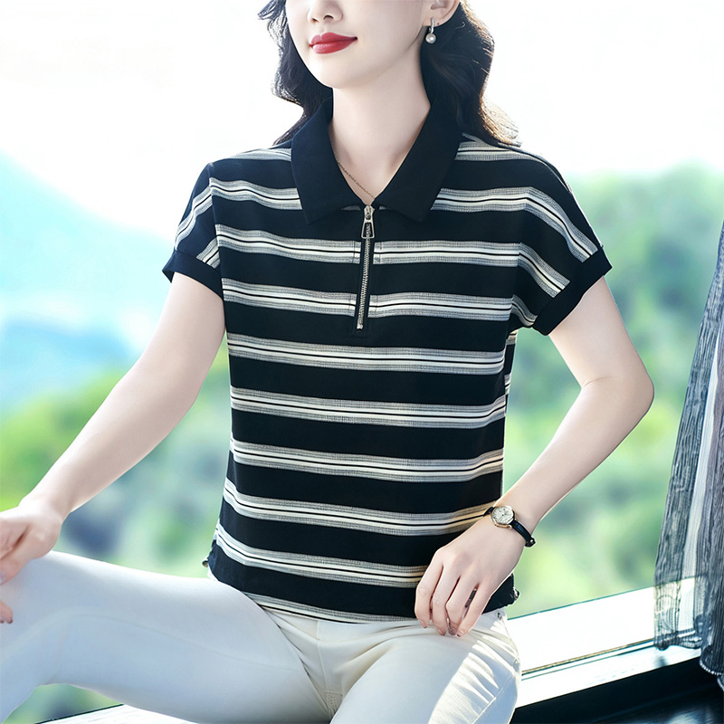 13661873.珍真羊 夏季翻领条纹短袖T恤时尚运动休闲上衣女