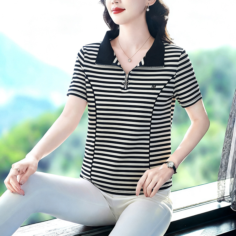 13663185.珍真羊 夏季半拉链短袖T恤运动休闲上衣女