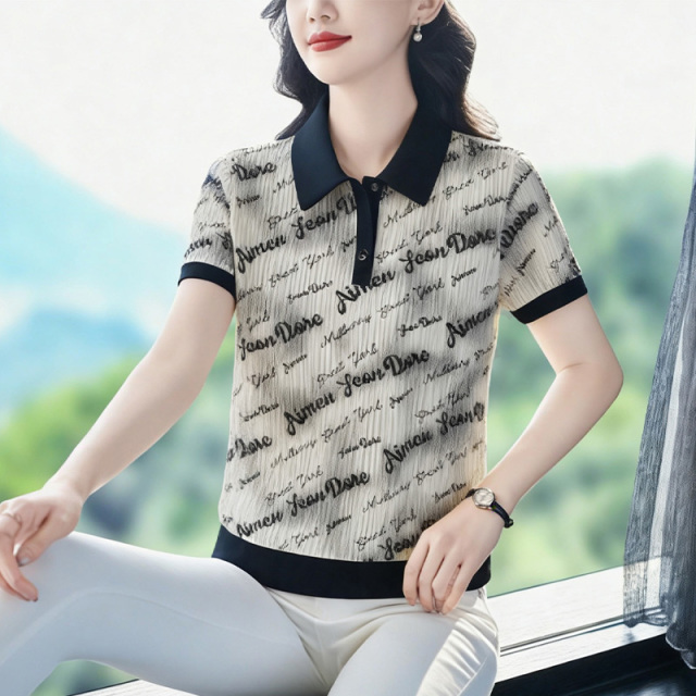 13665179.珍真羊 夏季字母印花短袖POLO衫休闲减龄T恤女