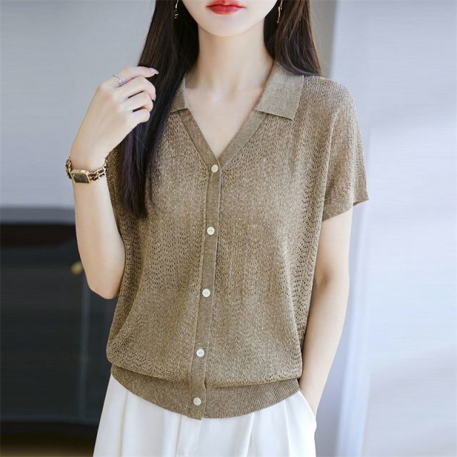 13669150.珍真羊 夏季短袖针织T恤时尚慵懒风减龄上衣女