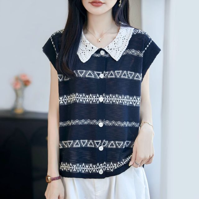 13669157.珍真羊 夏季翻领提花短袖T恤时尚减龄上衣女