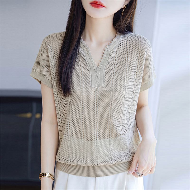 13668550.珍真羊 夏季镂空透气针织短袖上衣时尚宽松T恤女