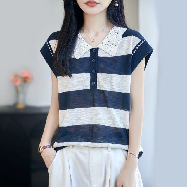 13669159.珍真羊 夏季条纹短袖T恤休闲薄款上衣女