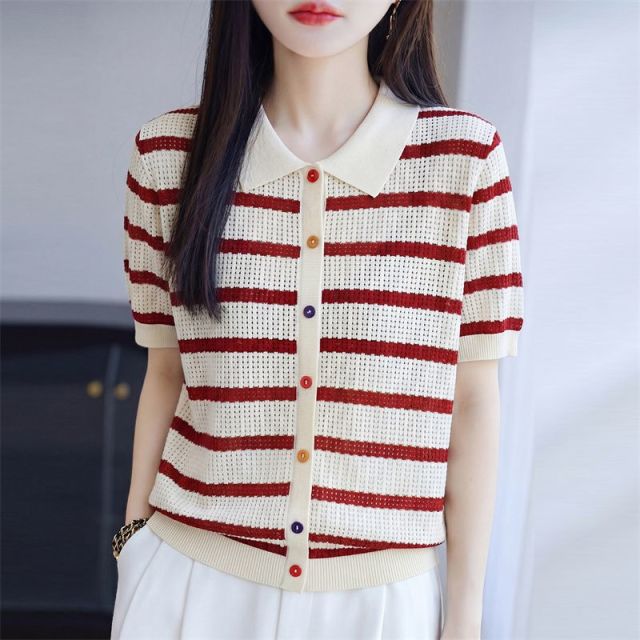 13669149.珍真羊 夏季条纹针织T恤时尚宽松天丝减龄上衣女