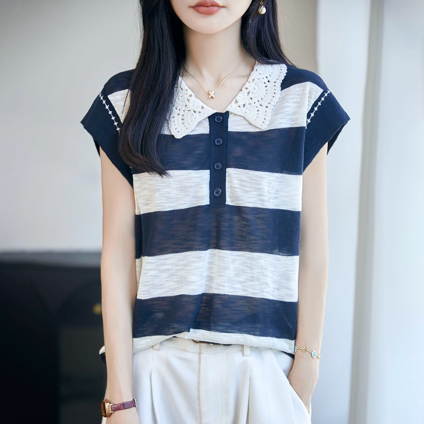 13669159.珍真羊 夏季条纹短袖T恤休闲薄款上衣女