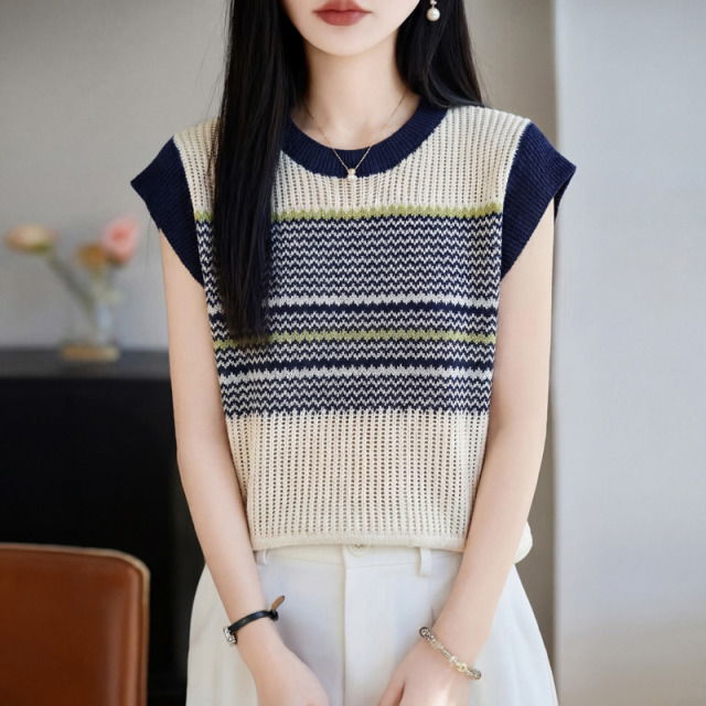 13669169.珍真羊 夏季圆领短袖针织上衣天丝亚麻镂空T恤女
