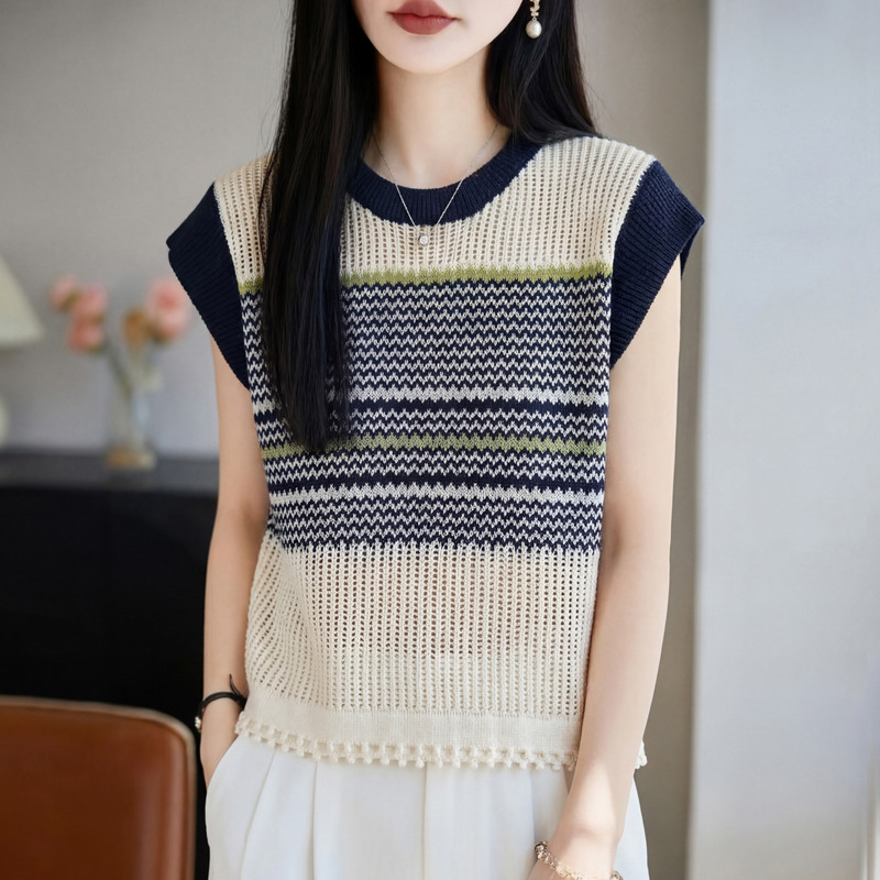 13669169.珍真羊 夏季圆领短袖针织上衣天丝亚麻镂空T恤女