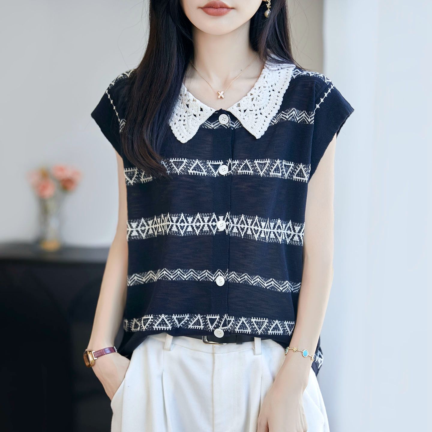 13669157.珍真羊 夏季翻领提花短袖T恤时尚减龄上衣女