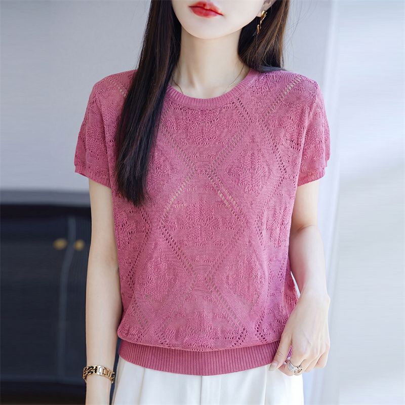 13669143.珍真羊 夏季镂空针织上衣洋气宽松天丝麻短袖T恤女