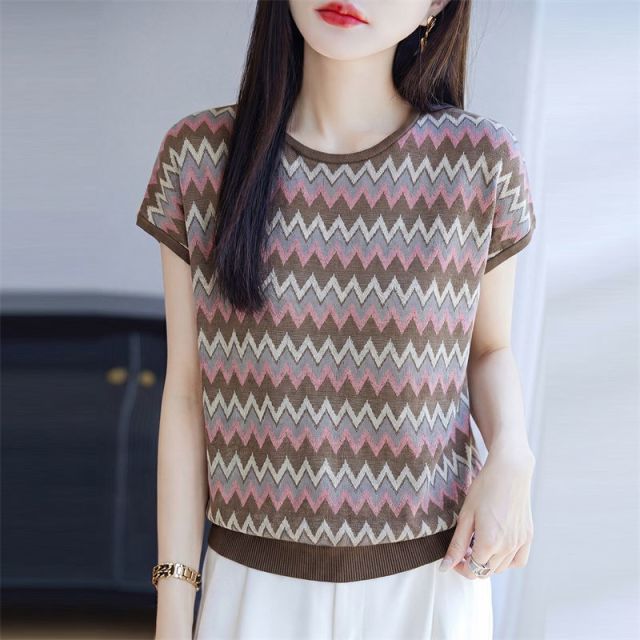 13668574.珍真羊 夏季圆领提花天丝针织上衣时尚短袖减龄T恤女