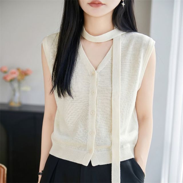 13670805.珍真羊 夏季无袖针织上衣天丝亚麻薄款透气T恤女