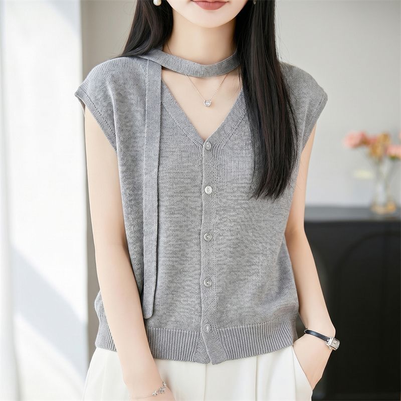 13670805.珍真羊 夏季无袖针织上衣天丝亚麻薄款透气T恤女