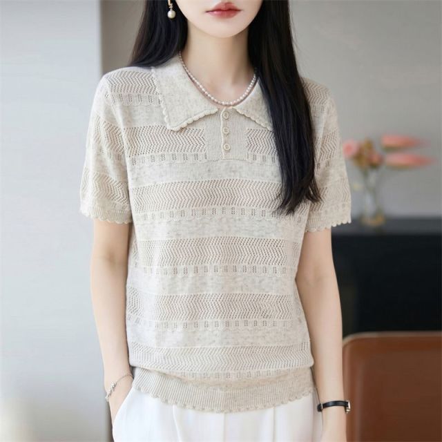 13670858.珍真羊 夏季镂空短袖T恤时尚天丝亚麻薄款上衣女