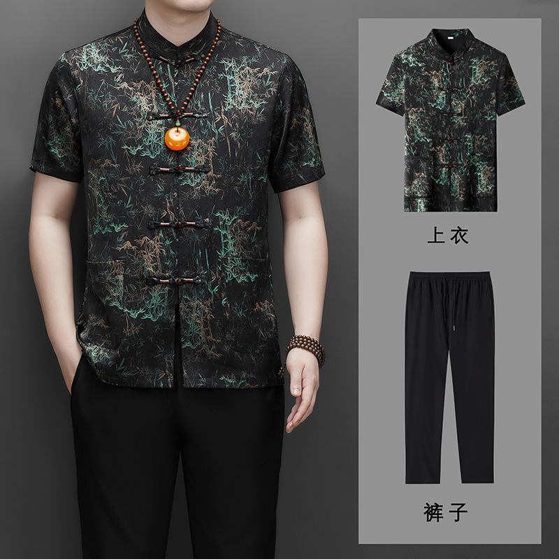 13670887.珍真羊 中国风唐装两件套仿香云纱时尚图案休闲长裤套装