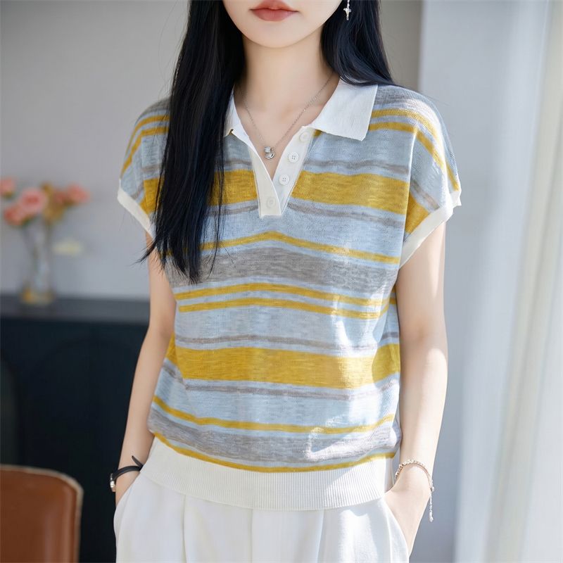 13670886.珍真羊 竹节麻短袖T恤女夏装新款时尚拼色针织衫