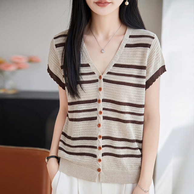 13671918.珍真羊 天丝亚麻针织上衣薄款条纹短袖T恤女