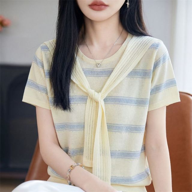 13670870.珍真羊 夏季条纹短袖T恤洋气宽松减龄上衣女