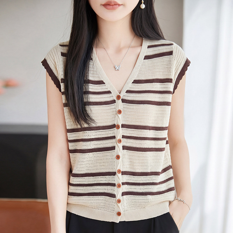 13671918.珍真羊 天丝亚麻针织上衣薄款条纹短袖T恤女