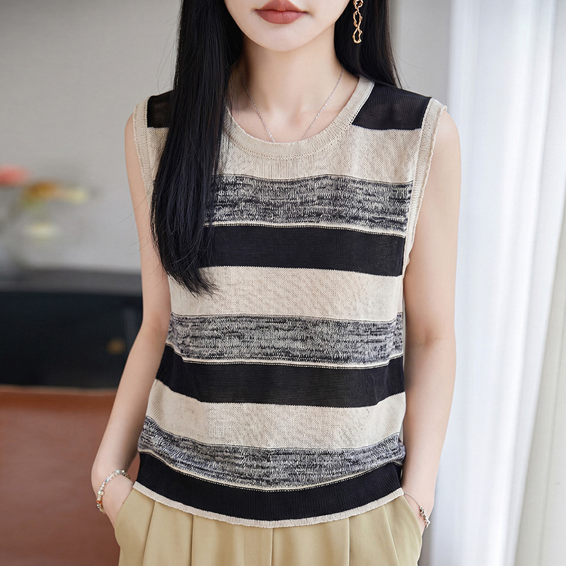 13672495.珍真羊 夏季圆领条纹T恤天丝亚麻无袖上衣女