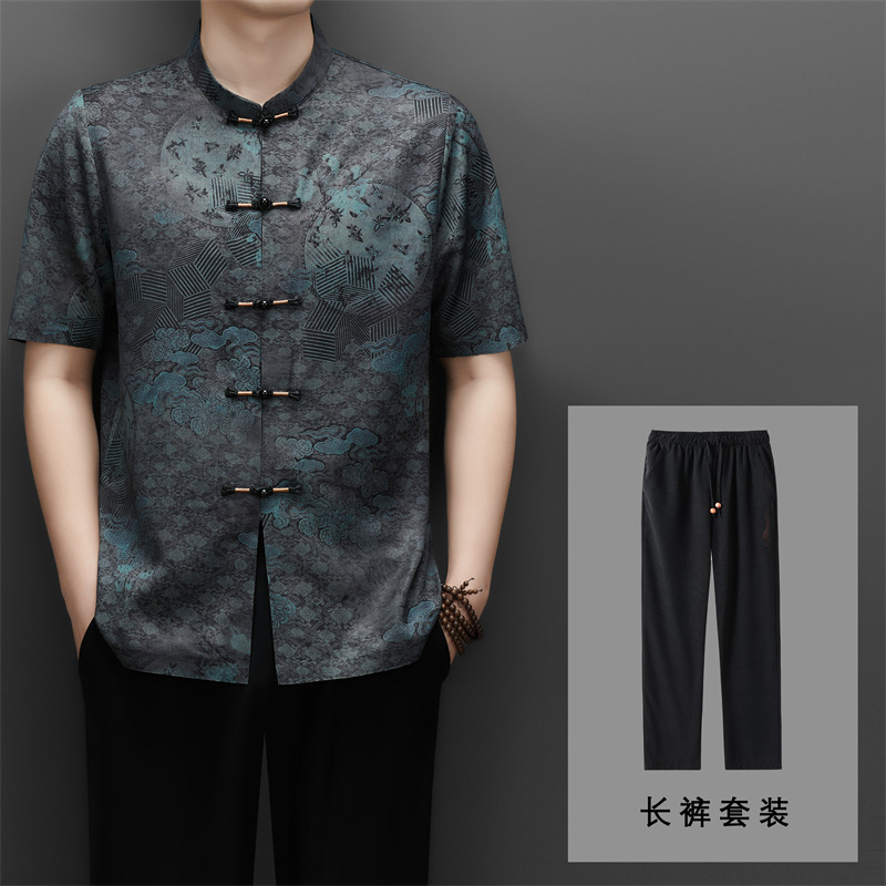 13674126.珍真羊 仿香云纱夏季男装国风唐装两件套休闲套装