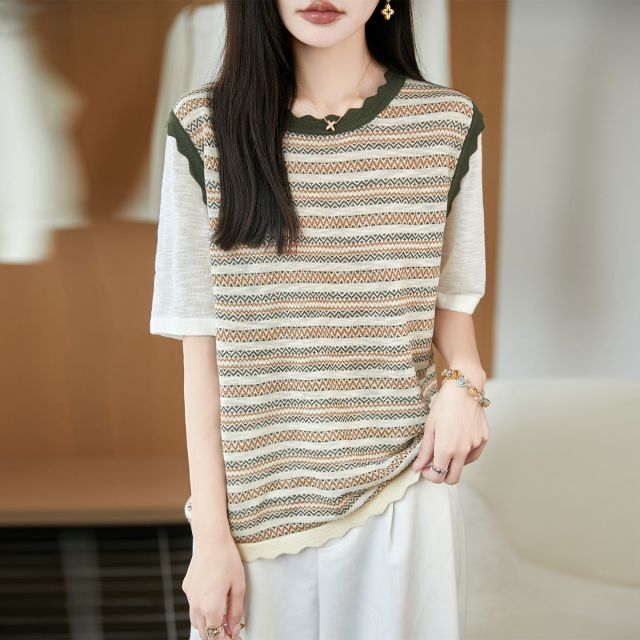 13674178.珍真羊 夏季撞色条纹短袖T恤洋气百搭上衣女