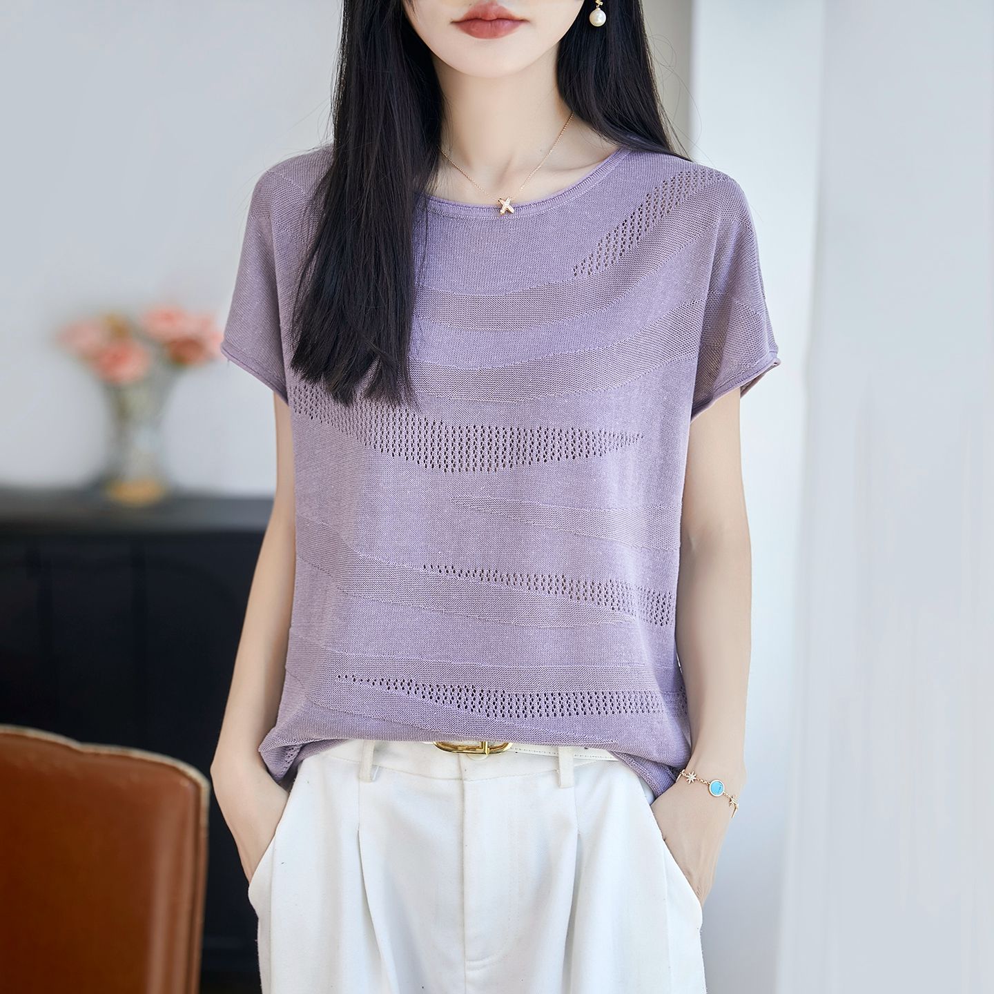 13674101.珍真羊 夏季天丝亚麻短袖T恤镂空薄款上衣女
