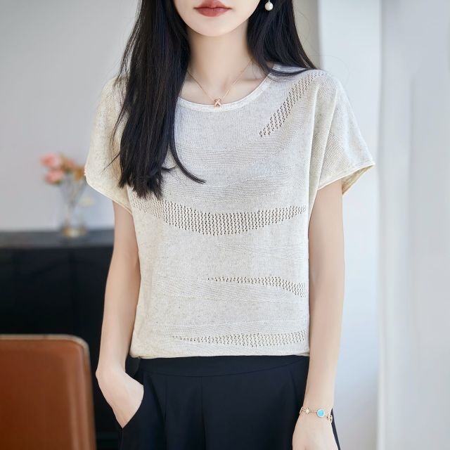 13674101.珍真羊 夏季天丝亚麻短袖T恤镂空薄款上衣女