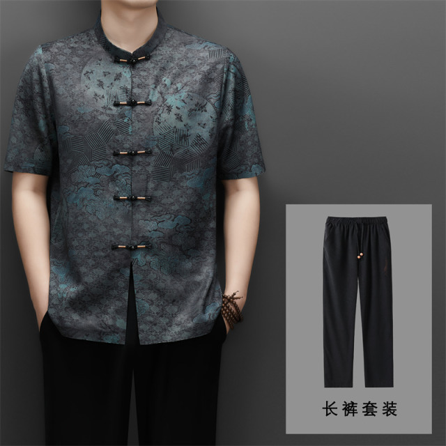 13674126.珍真羊 仿香云纱夏季男装国风唐装两件套休闲套装