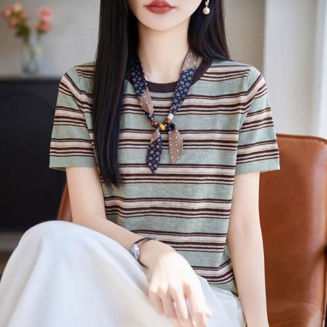 13675875.珍真羊 夏季圆领飘带短袖T恤时尚百搭减龄上衣女