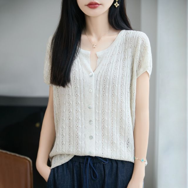 13675654.珍真羊 夏季天丝亚麻短袖T恤镂空薄款减龄上衣女