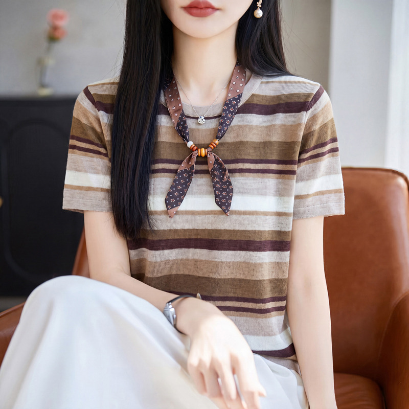 13675875.珍真羊 夏季圆领飘带短袖T恤时尚百搭减龄上衣女