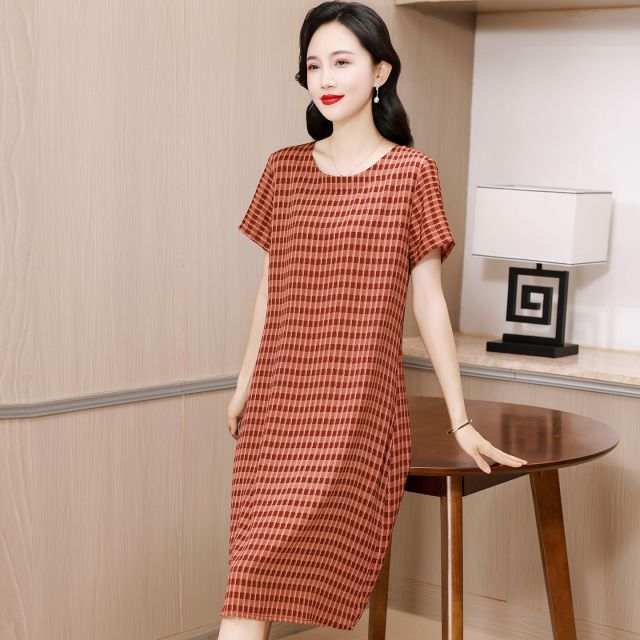 13682603.珍真羊 妈妈装夏季格子短袖连衣裙洋气显瘦裙子女