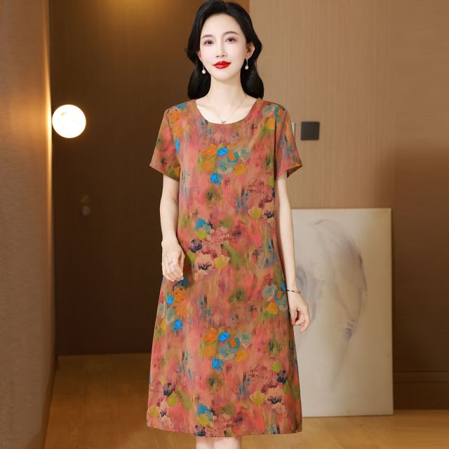 13682023.珍真羊 妈妈装夏季短袖连衣裙洋气宽松印花裙女