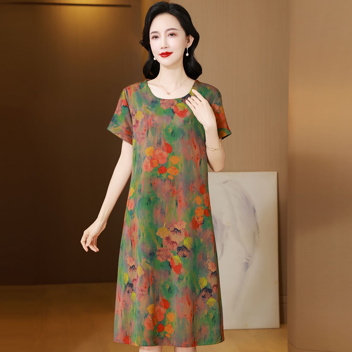 13682023.珍真羊 妈妈装夏季短袖连衣裙洋气宽松印花裙女