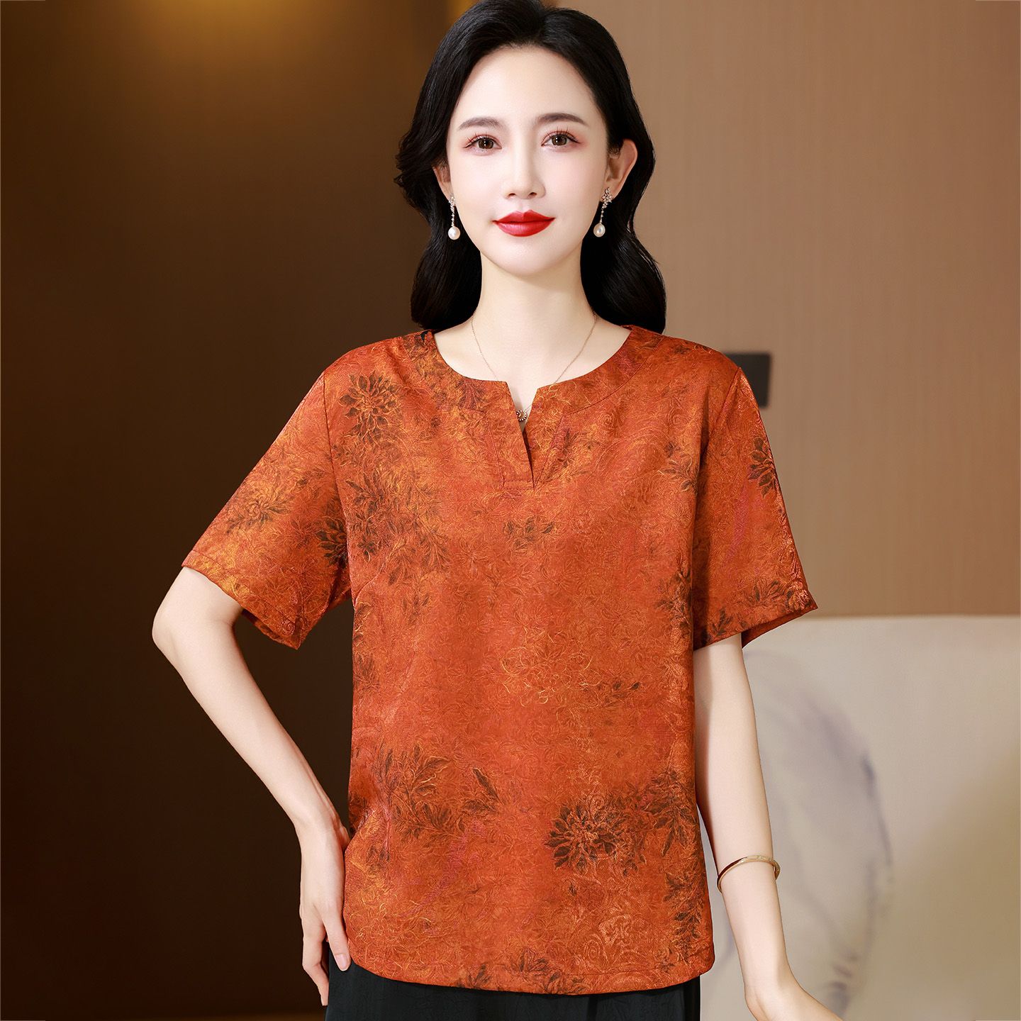 13686904.珍真羊 妈妈装夏季短袖T恤国风印花加大码减龄上衣女