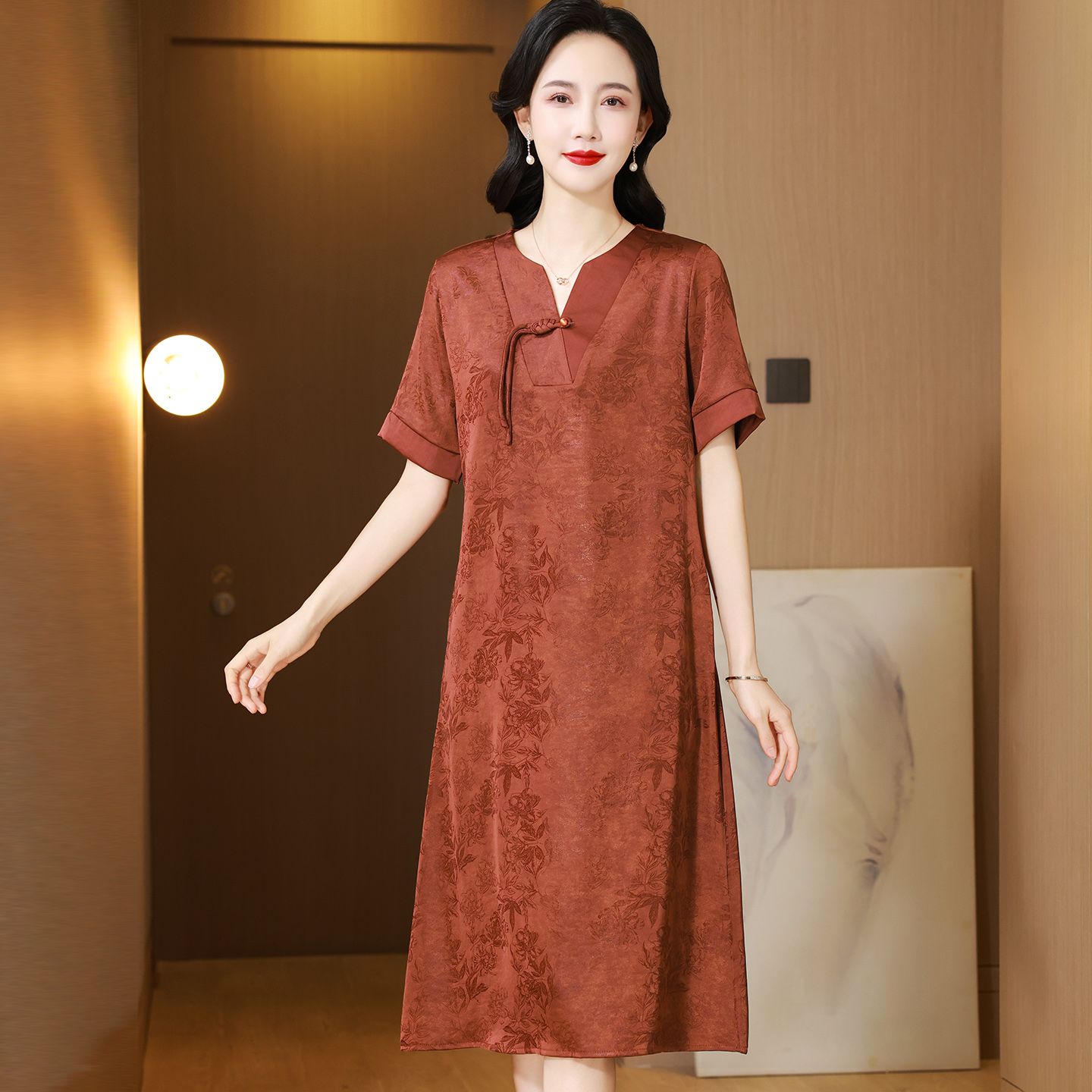 13686017.珍真羊 妈妈装国风短袖连衣裙夏季洋气薄款裙子女