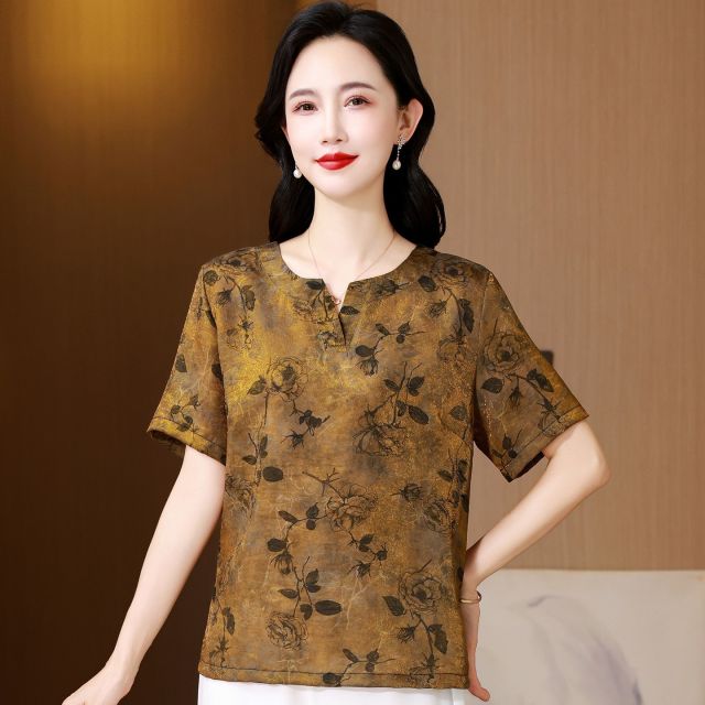 13686904.珍真羊 妈妈装夏季短袖T恤国风印花加大码减龄上衣女