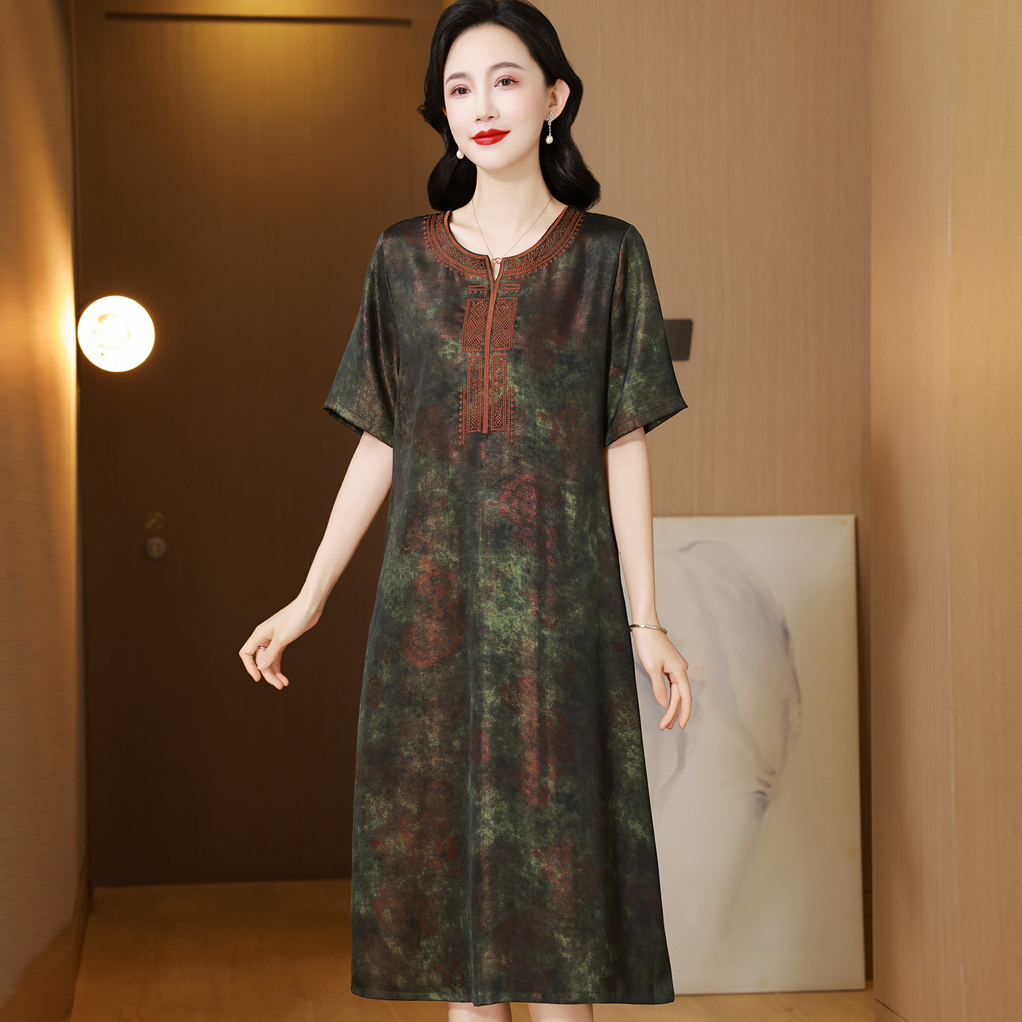 13686167.珍真羊 妈妈装夏季印花短袖连衣裙国风洋气裙女
